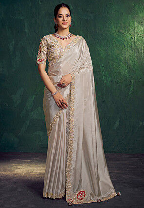 Embroidered Border Art Silk Saree in Light Grey