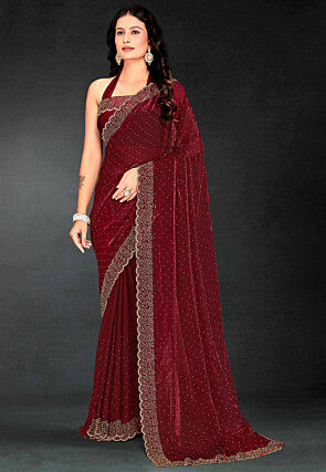 Embellished Georgette Shimmer Saree in Maroon