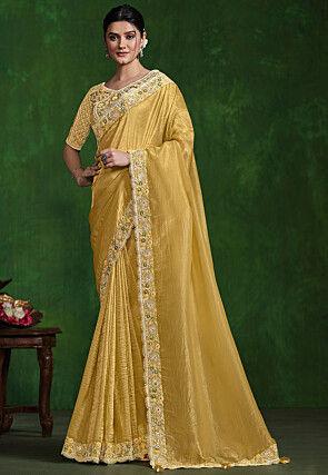 Embroidered Border Art Silk Saree in Mustard