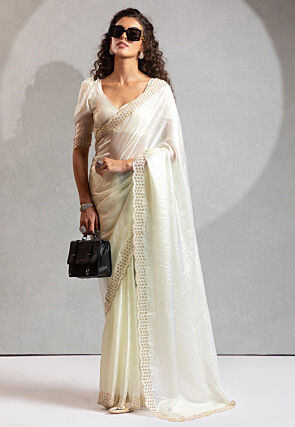 Embroidered Border Art Silk Saree in Off White