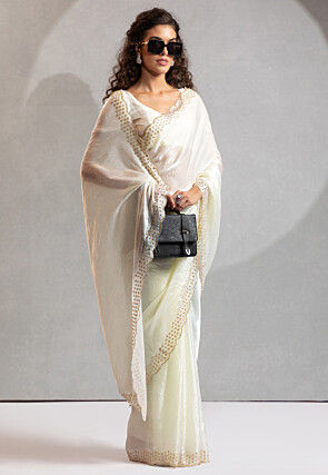 Embroidered Border Art Silk Saree in Off White