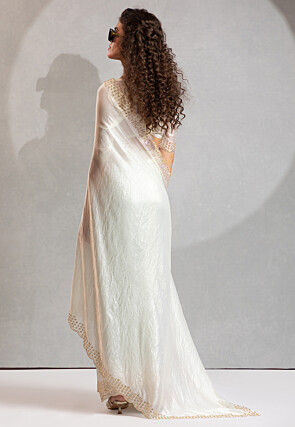 Embroidered Border Art Silk Saree in Off White