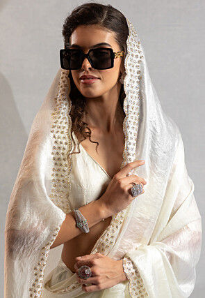 Embroidered Border Art Silk Saree in Off White