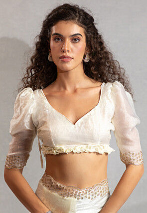 Embroidered Border Art Silk Saree in Off White