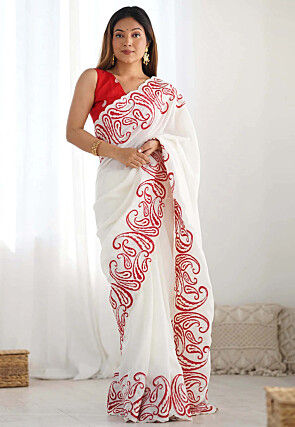 Embroidered Border Art Silk Scalloped Saree in Off White