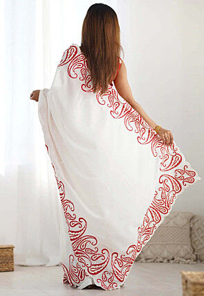 Embroidered Border Art Silk Scalloped Saree in Off White