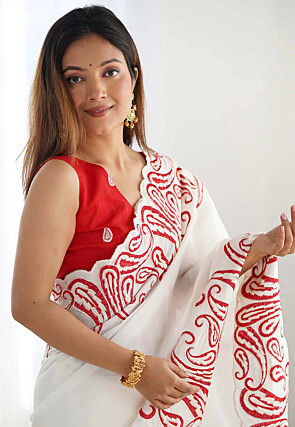Embroidered Border Art Silk Scalloped Saree in Off White