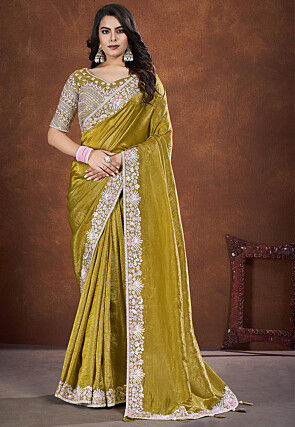 Embroidered Border Art Silk Saree in Olive Green
