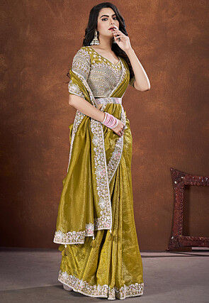 Embroidered Border Art Silk Saree in Olive Green