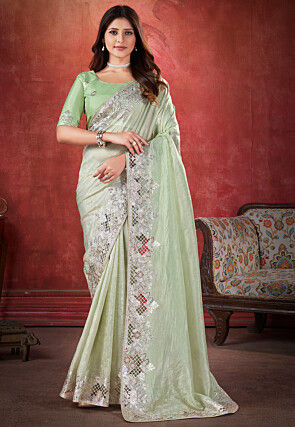 Embroidered Border Organza Saree in Pastel Green