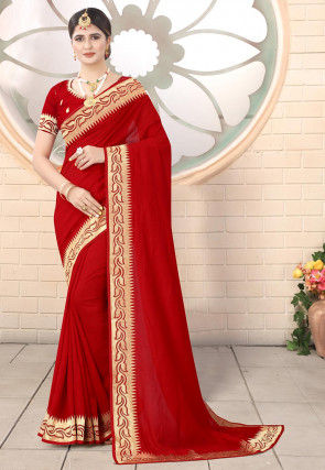 embroidered border art silk saree in red v1 scba2382