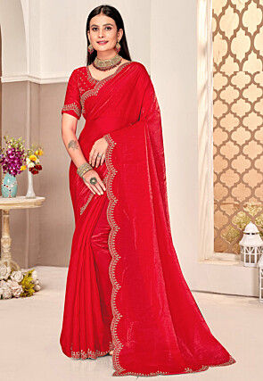 Embroidered Border Art Silk Saree in Red