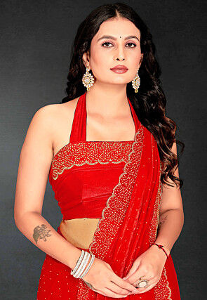 Embellished Georgette Shimmer Saree in Red