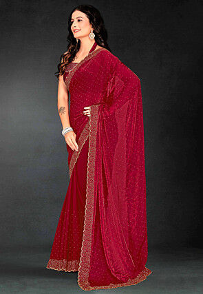 Embellished Georgette Shimmer Saree in Red