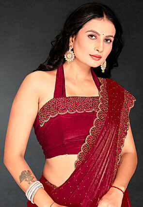 Embellished Georgette Shimmer Saree in Red
