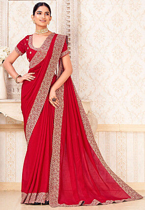 Embroidered Border Art Silk Saree in Red