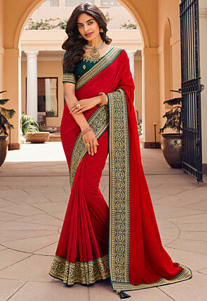Red And Maroon Sarees  Plain Red Sarees With Black Border