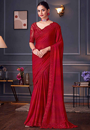 Embroidered Border Art Silk Saree in Red