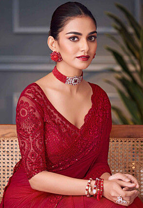 Embroidered Border Art Silk Saree in Red