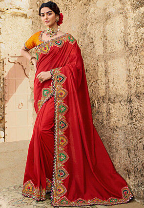 Embroidered Border Art Silk Saree in Red