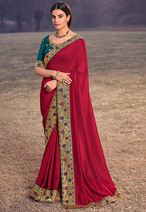 Embroidered Border Art Silk Saree in Red