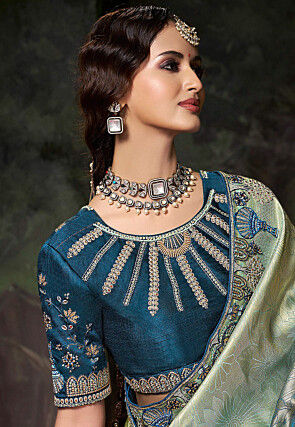 Woven Art Silk Saree in Shaded Green and Blue