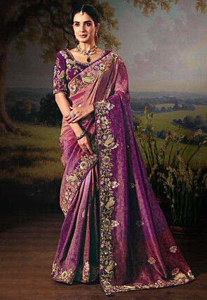 Embroidered Border Art Silk Saree in Shaded Pink and Purple