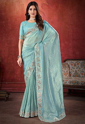 Embroidered Border Organza Saree in Sky Blue