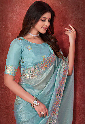 Embroidered Border Organza Saree in Sky Blue