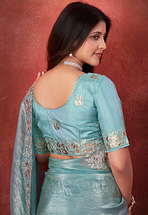 Embroidered Border Organza Saree in Sky Blue
