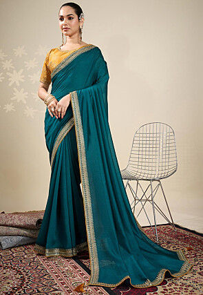 Embroidered Border Art Silk Saree in Teal Blue