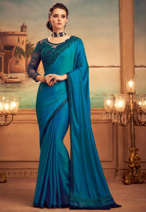 Embroidered Border Art Silk Saree in Teal Blue