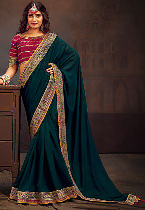 Embroidered Border Art Silk Saree in Teal Blue