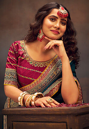 Embroidered Border Art Silk Saree in Teal Blue