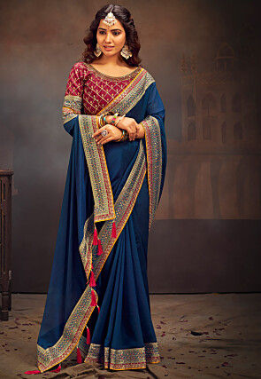 Embroidered Border Art Silk Saree in Teal Blue