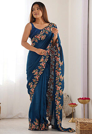 Embroidered Border Art Silk Saree in Teal Blue
