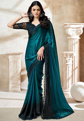 Embroidered Border Art Silk Saree in Teal Blue