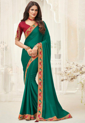 Embroidered Border Art Silk Saree in Teal Green