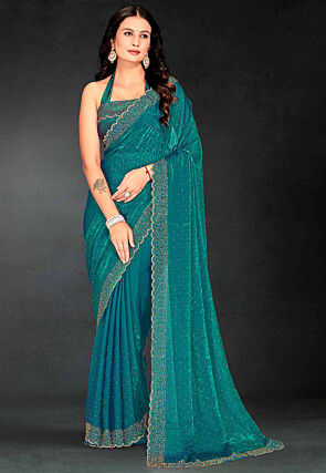 Embellished Georgette Shimmer Saree in Turqouise