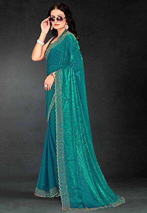 Embellished Georgette Shimmer Saree in Turqouise
