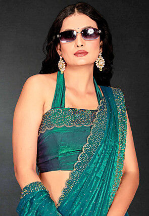 Embellished Georgette Shimmer Saree in Turqouise