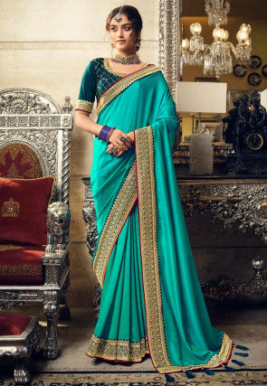 Embroidered Border Art Silk Saree in Turquoise