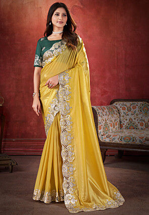 Embroidered Border Organza Saree in Yellow