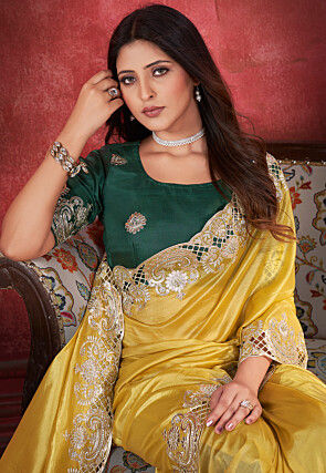 Embroidered Border Organza Saree in Yellow