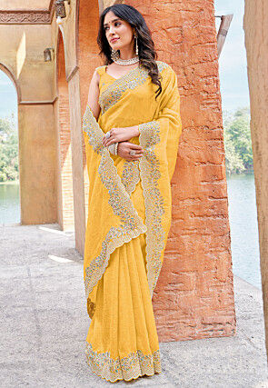 Embroidered Border Art Silk Saree in Yellow