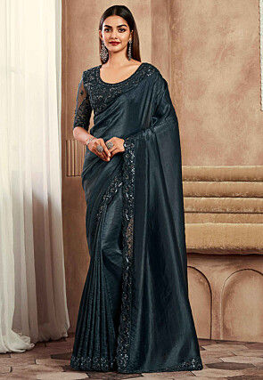 Embroidered Border Art Silk Scalloped Saree in Black