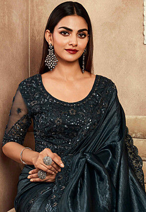 Embroidered Border Art Silk Scalloped Saree in Black