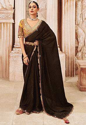 Embroidered Border Art Silk Scalloped Saree in Brown