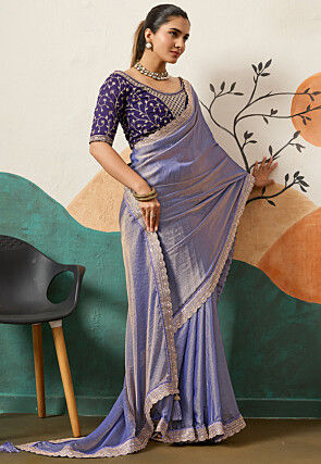 Embroidered Border Art Silk Scalloped Saree in Light Blue