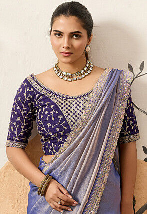 Embroidered Border Art Silk Scalloped Saree in Light Blue